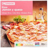 Pizza masa fina de jamón-queso EROSKI, caja 340 g