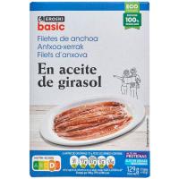 Filetes de anchoa en aceite de girasol EROSKI BASIC, pack 3x23 g