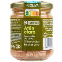 Atún claro en aceite de oliva EROSKI, frasco 185 g 