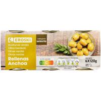 Aceitunas rellenas de anchoa EROSKI, pack 6x50 g