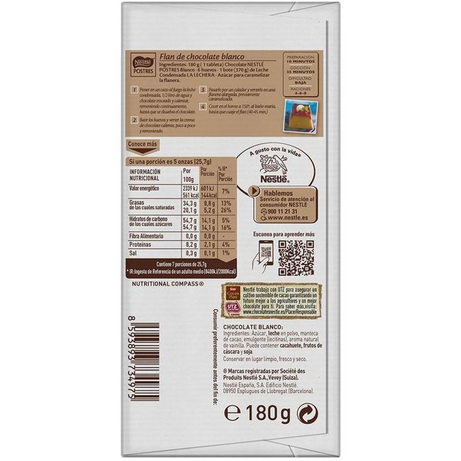 Chocolate blanco para postres NESTLÈ, tableta 180 g