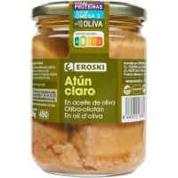 Atún claro en aceite de oliva EROSKI, frasco 400 g 