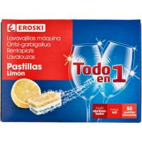 Pastillas lavavajillas Todo en 1 limón EROSKI, caja 50 dosis