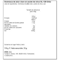 Ventresca de atún claro en aceite de oliva ORBE, lata 110 g