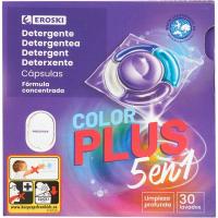 Detergente en cápsulas 5n1 color plus EROSKI, caja 30 dosis